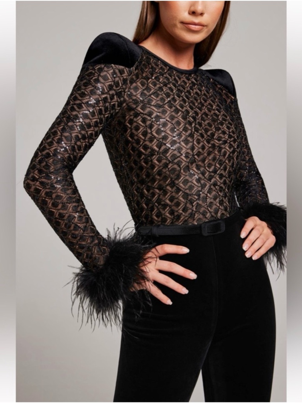 NADINE MERABI Mixed Media Black
Monique Velvet Sequin Glitter
Feather Jumpsuit S - Picture 5 of 8